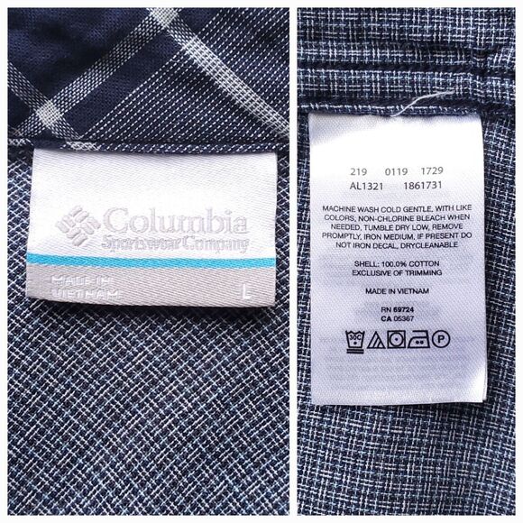 Columbia Plaid Shirt Sz L Times Two Long Sleeve Tunic Blue Roll Tab 100% Cotton - Picture 6 of 11